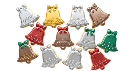 Assorted Metallic Christmas Bell Cookies, isolated on transparent background