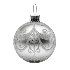 Elegant silver christmas ornament with intricate glittering scrollwork on a transparent background