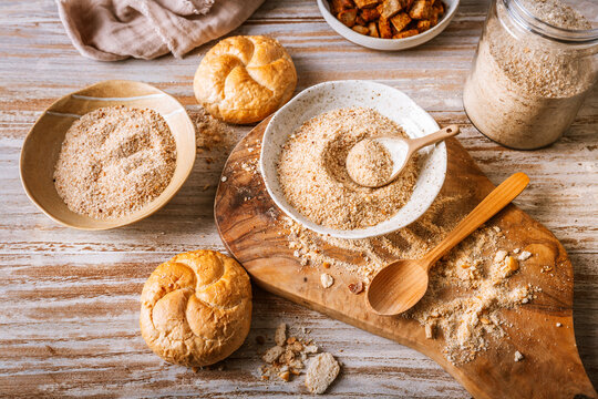 Zero waste concept - Making homemade panko and breadcrumbs from leftover bread and buns - Powered by Adobe