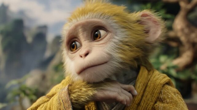 Close up of a monkey in golden robes with a contemplative expression