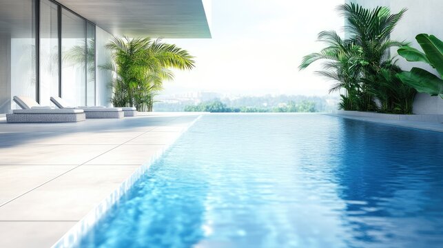 Elegant modern poolside view with lush greenery and serene atmosphere, perfect for relaxation and summer enjoyments in a luxurious setting