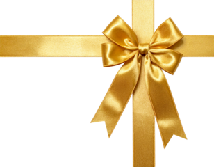 Golden Ribbon with Shiny Bow Tied in the Center, Horizontal Gift Decoration isolated on transparent background PNG