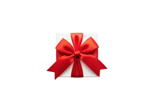 A vibrant red satin ribbon bow tied on a white square, perfect for gift wrapping and celebrations, isolated on transparent background