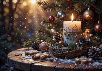cozy christmas still life with lit candle, gingerbread cookies, and ornaments on rustic wood with snowfall.