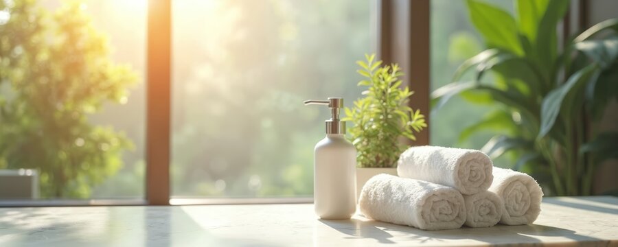 White towels and lotion dispenser sit on a marble counter. Green plants are visible through a sunlit window. Serene spa background promotes wellness and relaxation.