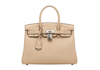 Beige leather handbag with gold hardware and lock, isolated on transparent background