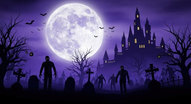 Spooky halloween night with a haunted castle graveyard and full moon