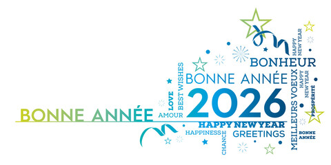carte de voeux Bonne ann&eacute;e 2025 nuage de mots bleu vert