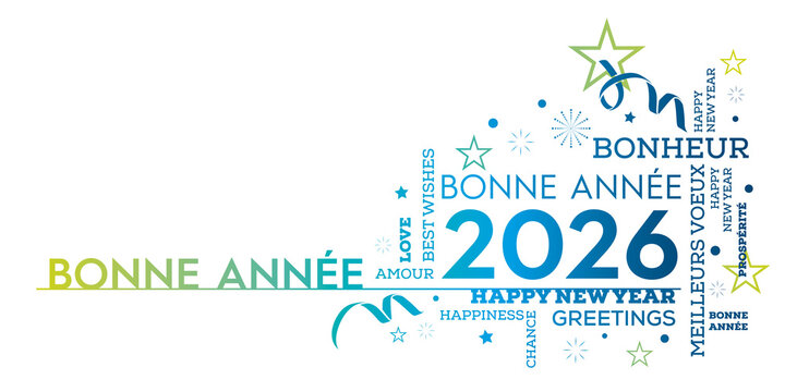 carte de voeux Bonne ann&eacute;e 2025 nuage de mots bleu vert