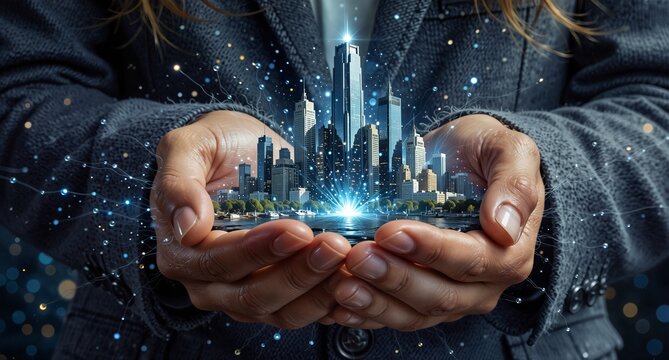 woman's hands cradling a glowing cityscape with connecting network lines, symbolizing protection and futuristic urban development.