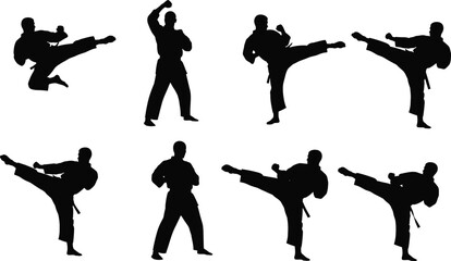 Martial, arts, silhouette, kick, pose, strike, defense, black, white, illustration, movement, action, combat, training, athlete, dynamic, posture, fighting, technique, artwork
