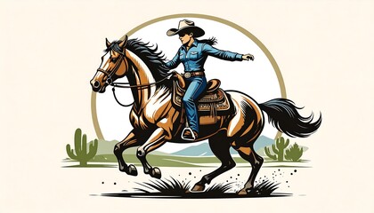 Cowgirl Riding Horse in Desert Landscape Illustration.