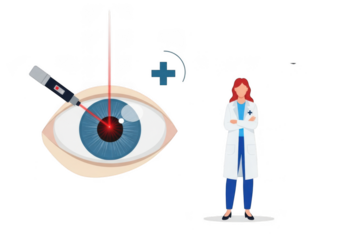 Ophthalmologist performing laser eye surgery on a patients eye, with a plus sign indicating medical care, isolated on transparent background