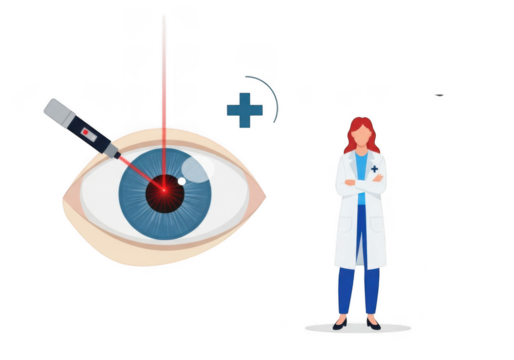 Ophthalmologist performing laser eye surgery on a patients eye, with a plus sign indicating medical care, isolated on transparent background
