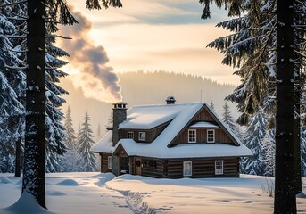 Cozy cabin nestled in a snowy forest with smoke rising from the chimney