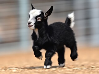 Playful Black and White Goat Kid Running in Sunlit Farmyard