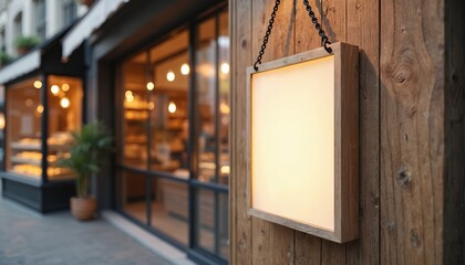 Blank square sign hangs on rustic wood wall near bakery storefront. Warm interior lights create inviting street scene atmosphere. Mockup for business branding display.