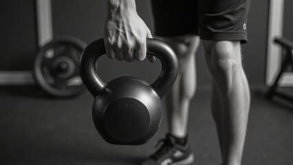 Person holds black kettlebell in gym setting, showcasing strength and focus during workout. image captures essence of fitness and determination