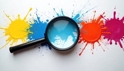 Paint splashes under magnifying glass on white background. Paints of various colors. Focus on art research concept. Visual content for painting creation. Zoom on color explosion. Palette under study