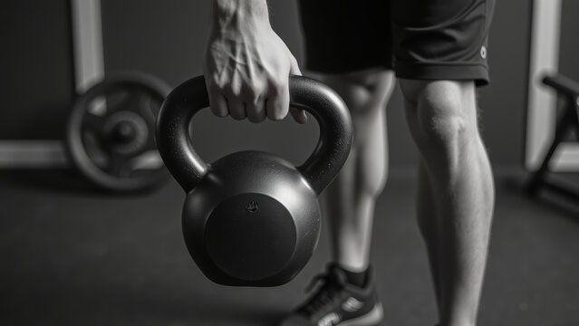 Person holds black kettlebell in gym setting, showcasing strength and focus during workout. image captures essence of fitness and determination