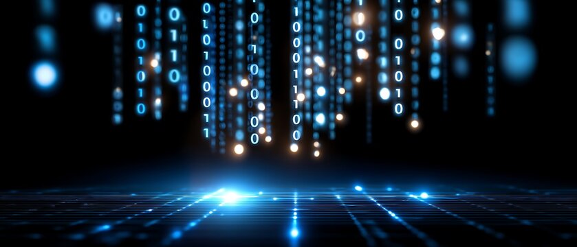 Abstract Data Stream Illustration with Binary Code on Dark Background