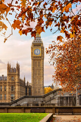 Beautiful autumn view of the Big Ben clocktower in Westminster, London, England, during a sunny day with golden leafs on the trees