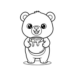 Obraz premium Cute cartoon bear character holding a honey pot, line art style