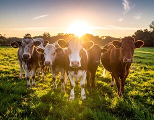 Cows Grazing in a Field at Sunset.