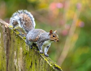A curious squirrel perches on a weathered wooden fence, gazing intently