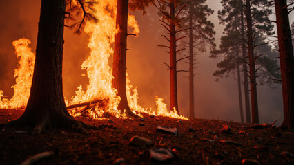 Forest fire engulfs trees in flames, creating dramatic and intense scene. smoke and fire highlight urgency of nature power and need for awareness