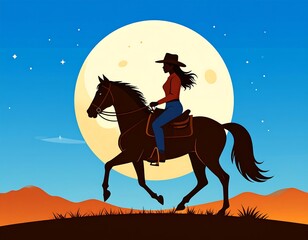 Cowgirl Silhouette Riding Horse Under Moonlight in Desert Landscape.