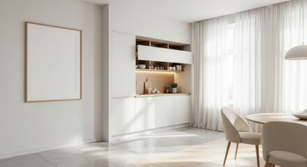 Fototapeta premium A bright and modern minimalist kitchen and dining area with clean lines, white cabinets, and a round table with chairs