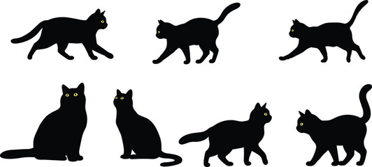 Cat silhouette illustration, black feline poses, yellow eyes detail, walking and sitting cats, white background, pet design, animal artwork