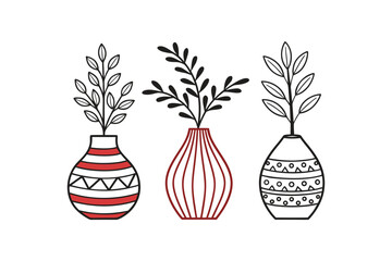 Three stylized vases with plants, minimalist line art, white background
