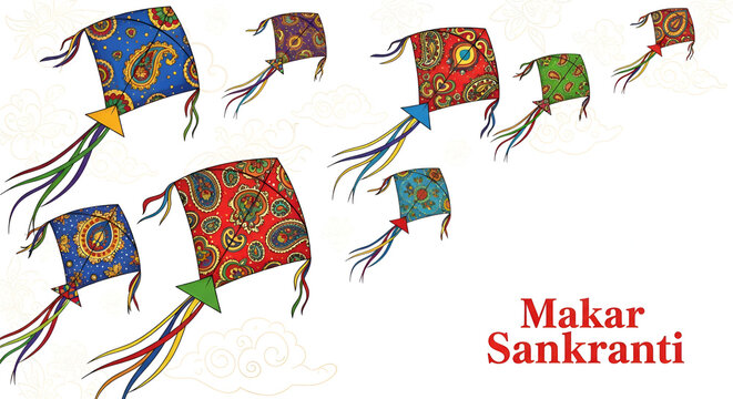 Colorful kites and patterns celebrating makar sankranti with festive design for cards and posters
