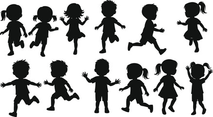 Children silhouette illustration, playful poses, walking and running kids, hairstyle variety, black and white, educational design, movement study, youth activity