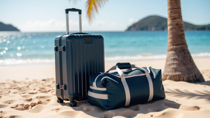 Stylish suitcase and duffel bag rest on sandy beach, surrounded by palm trees and serene ocean view, evoking sense of adventure and relaxation