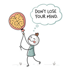 Stick Figure With Brain Balloon and Caution