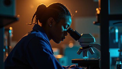Focused scientist examines samples through microscope in laboratory setting, illuminated by warm lighting, creating contemplative atmosphere