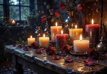 romantic still life with lit candles, red roses, and vintage decor on a rustic wooden table.