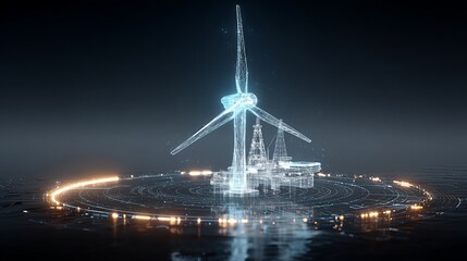 Hologram of wind turbine. Digital twin, renewable energy, and future technology concept.
