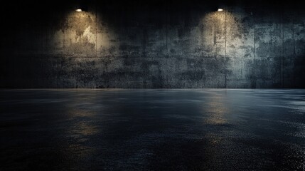 A dark, industrial space with a textured wall and reflective floor, illuminated by two overhead lights creating moody shadows.