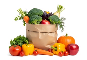 Bag of fresh vegetables and fruits isolated on white background
