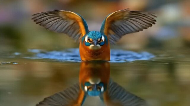 Kingfisher bird emerges from water wings spread wildlife nature close up