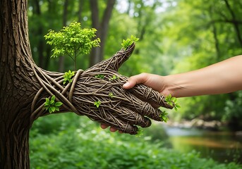 Tree branches form a hand shaking a human hand