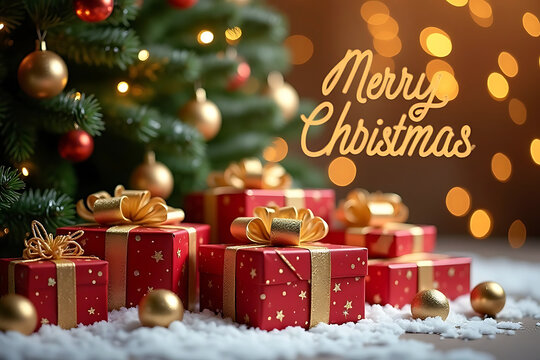 Festive christmas tree with red gifts and golden bokeh lights