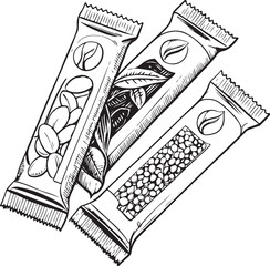 Energy Bars / Protein Bars, Disaster Relief Supplies Emergency Essentials Hand-drawn Sketch Drawing Vector Illustration, Line Linear Symbol Engraving Coloring Book, Black and White Isolated