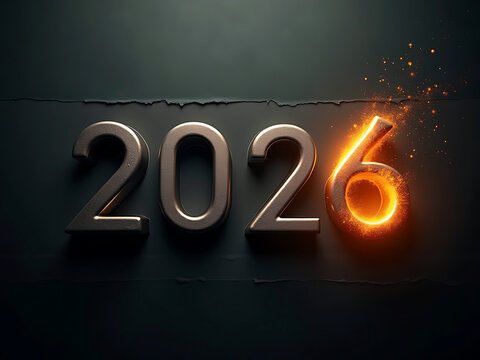 Year 2026 illuminated with fiery glowing number six against dark background - Powered by Adobe