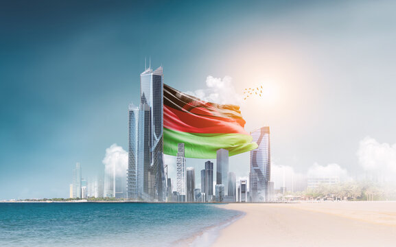 Malawi flag waving behind modern skyline. Malawi national flag for independence day.