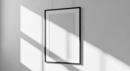 A blank framed picture hanging on a white wall, with dramatic sunlight casting geometric shadows across the surface